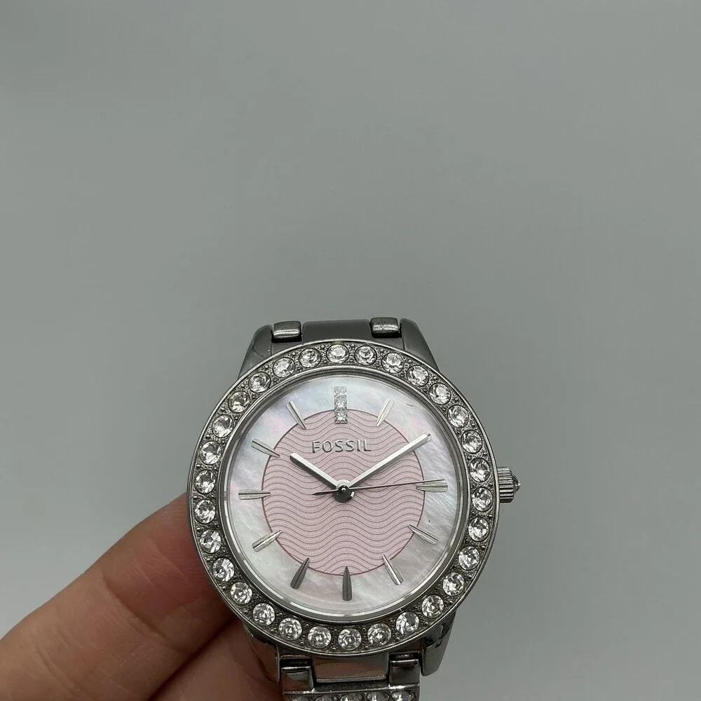 Fossil Womens Watch 34mm Pink MOP Crystals Stainless Bracelet New Battery 6